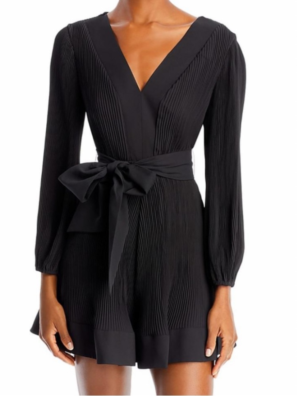 Milly Black V-Neck Pleated Long-Sleeve Dress with Waist Tie